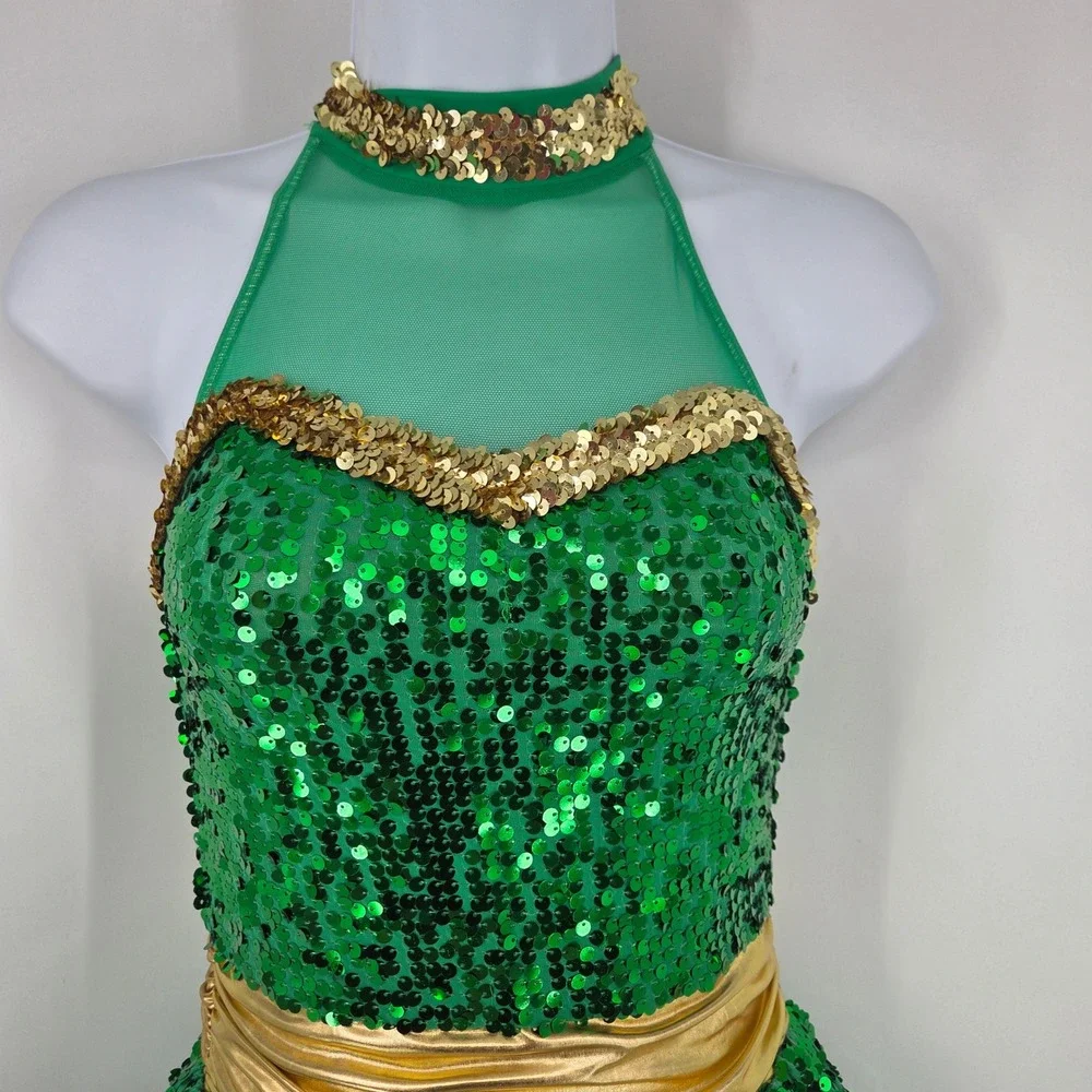 Weissman Green Gold Sequin Dance Costume Halter Strappy Back LC Performance